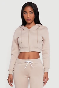 Womens Cropped Zip Front Hooded Sweatshirt, Beige, Size L