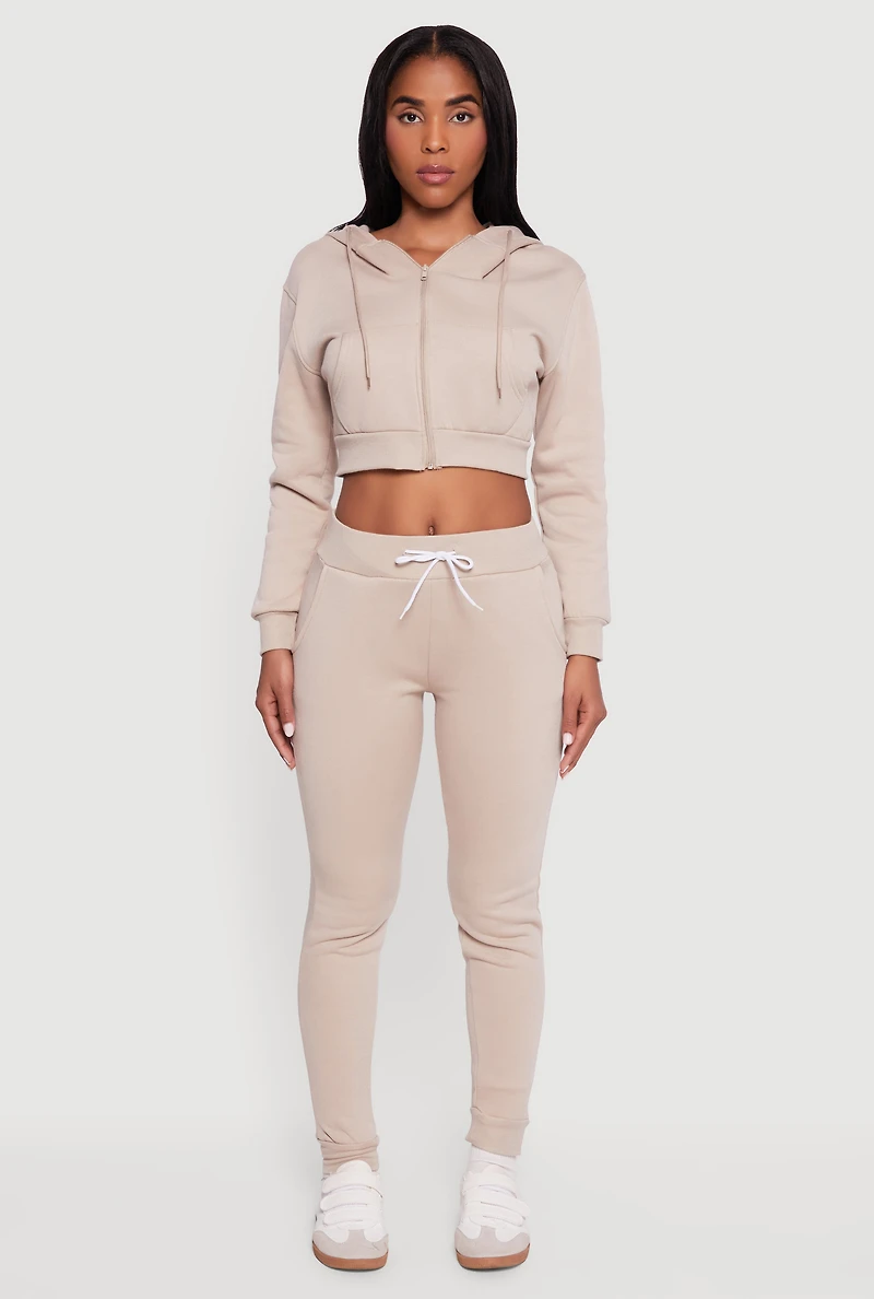Womens Cropped Zip Front Hooded Sweatshirt, Beige, Size L