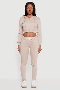 Womens Cropped Zip Front Hooded Sweatshirt, Beige, Size L