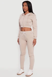 Womens Cropped Zip Front Hooded Sweatshirt, Beige, Size L