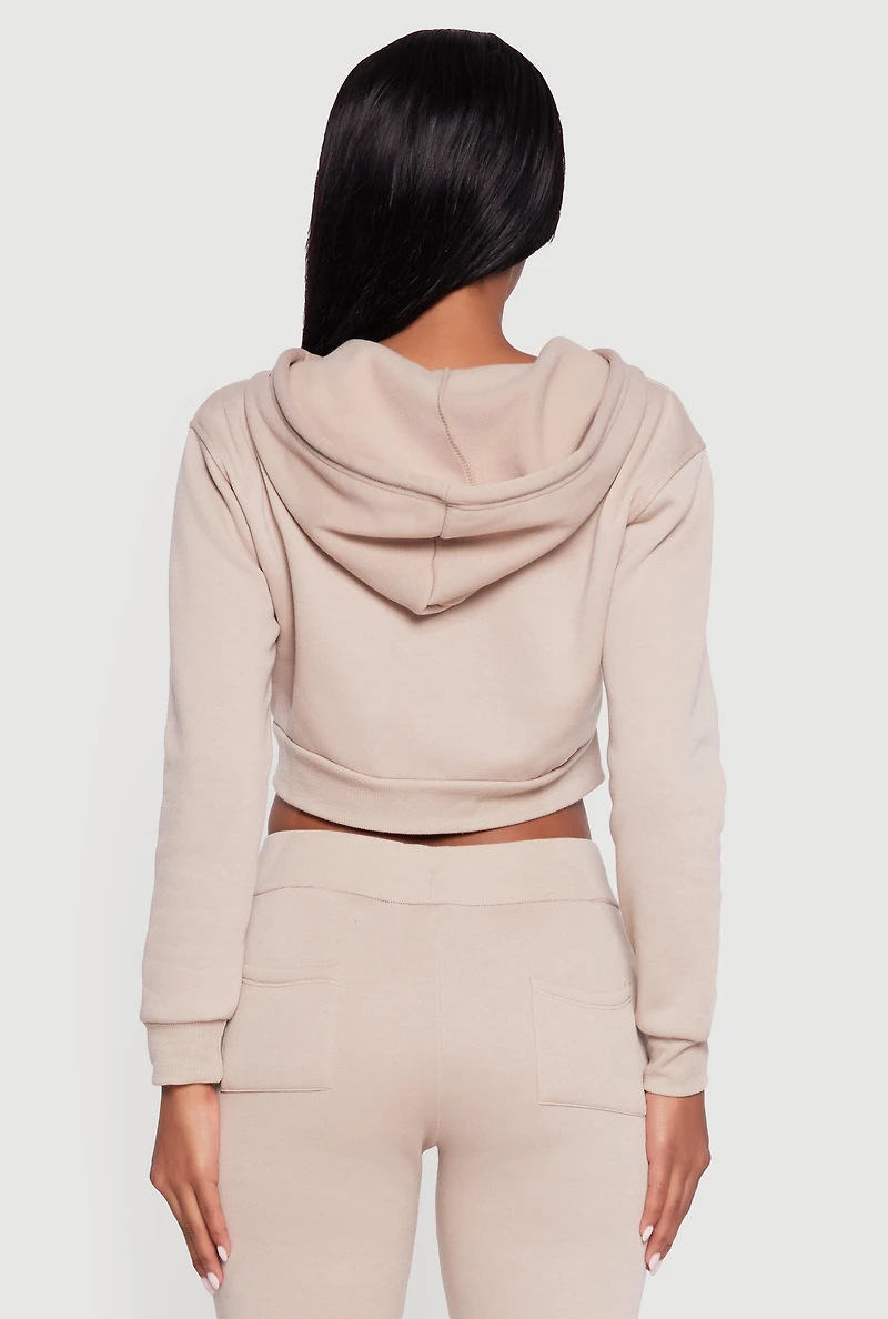 Womens Cropped Zip Front Hooded Sweatshirt, Beige, Size L