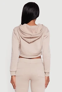 Womens Cropped Zip Front Hooded Sweatshirt, Beige, Size L