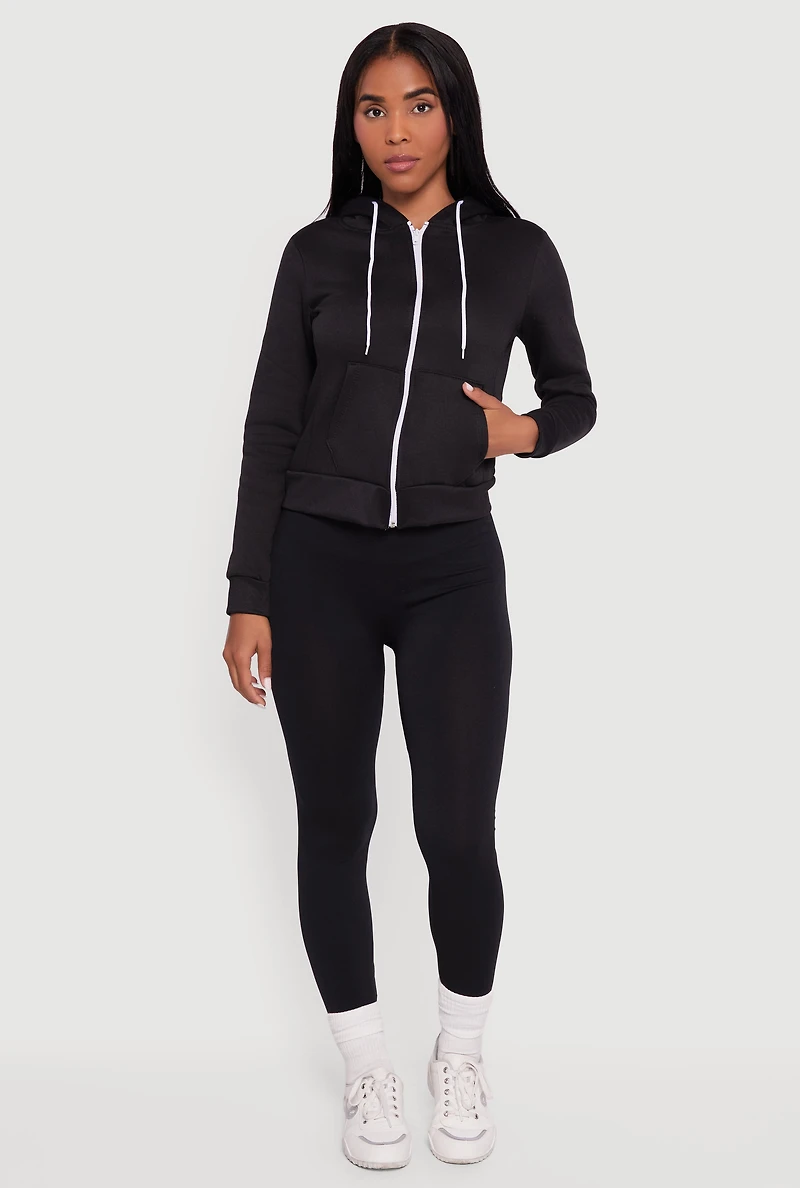Womens Contrast Zip Front Drawstring Hoodie, Black, Size L