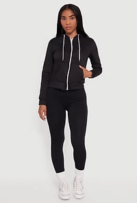 Womens Contrast Zip Front Drawstring Hoodie, Black, Size S