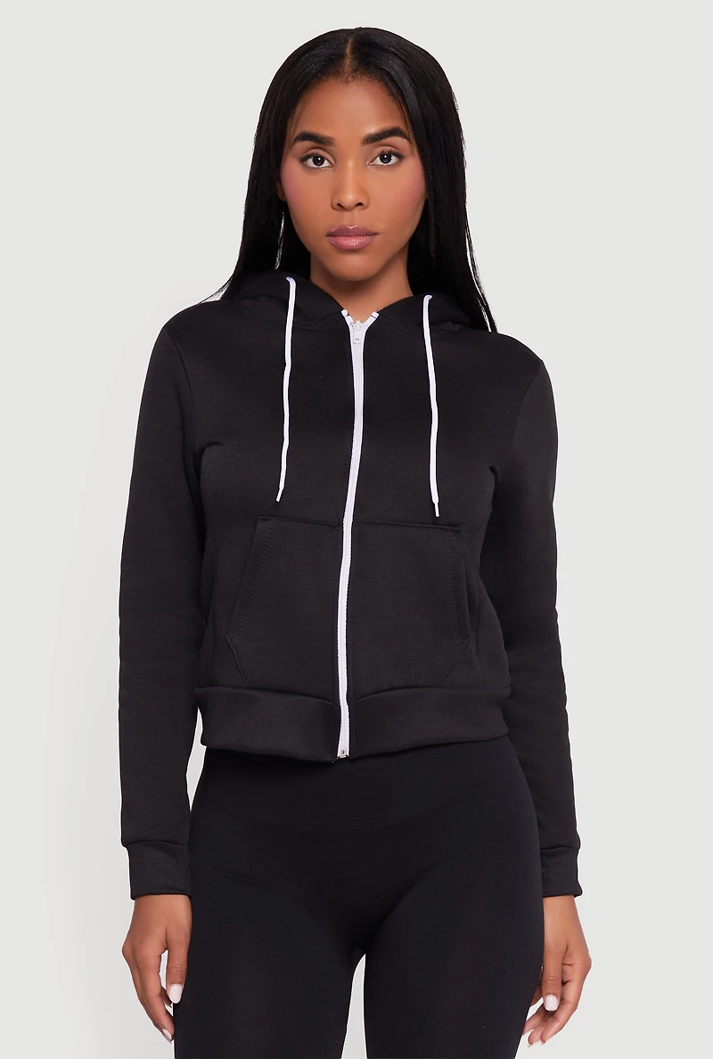 Womens Contrast Zip Front Drawstring Hoodie, Black, Size S