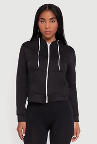 Womens Contrast Zip Front Drawstring Hoodie, Black, Size S