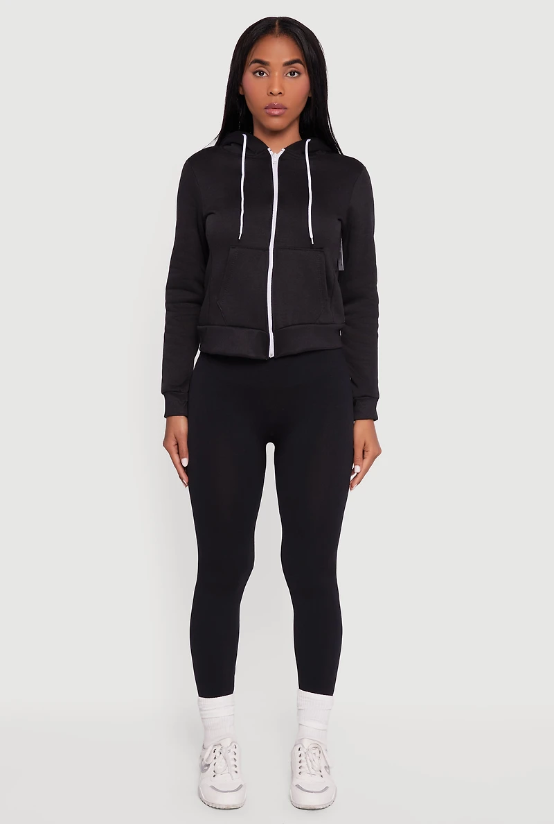 Womens Contrast Zip Front Drawstring Hoodie, Black, Size S