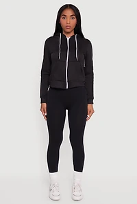 Womens Contrast Zip Front Drawstring Hoodie, Black, Size S