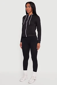 Womens Contrast Zip Front Drawstring Hoodie, Black, Size S