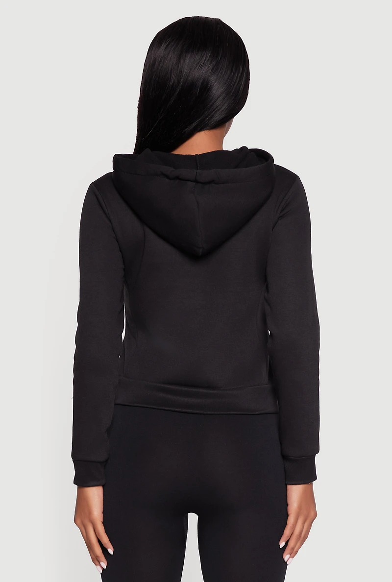Womens Contrast Zip Front Drawstring Hoodie, Black, Size S