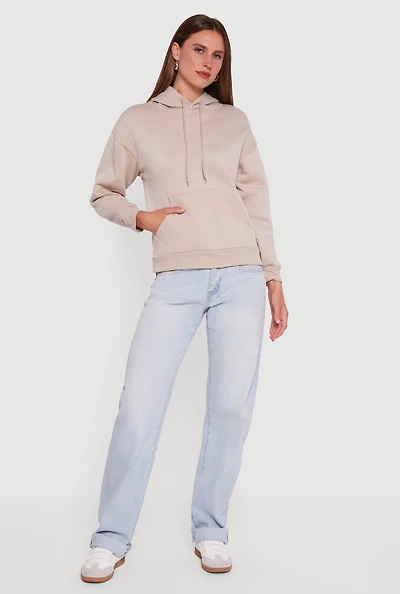 Womens Boxy Kangaroo Pocket Long Sleeve Pullover Hoodie, Beige,