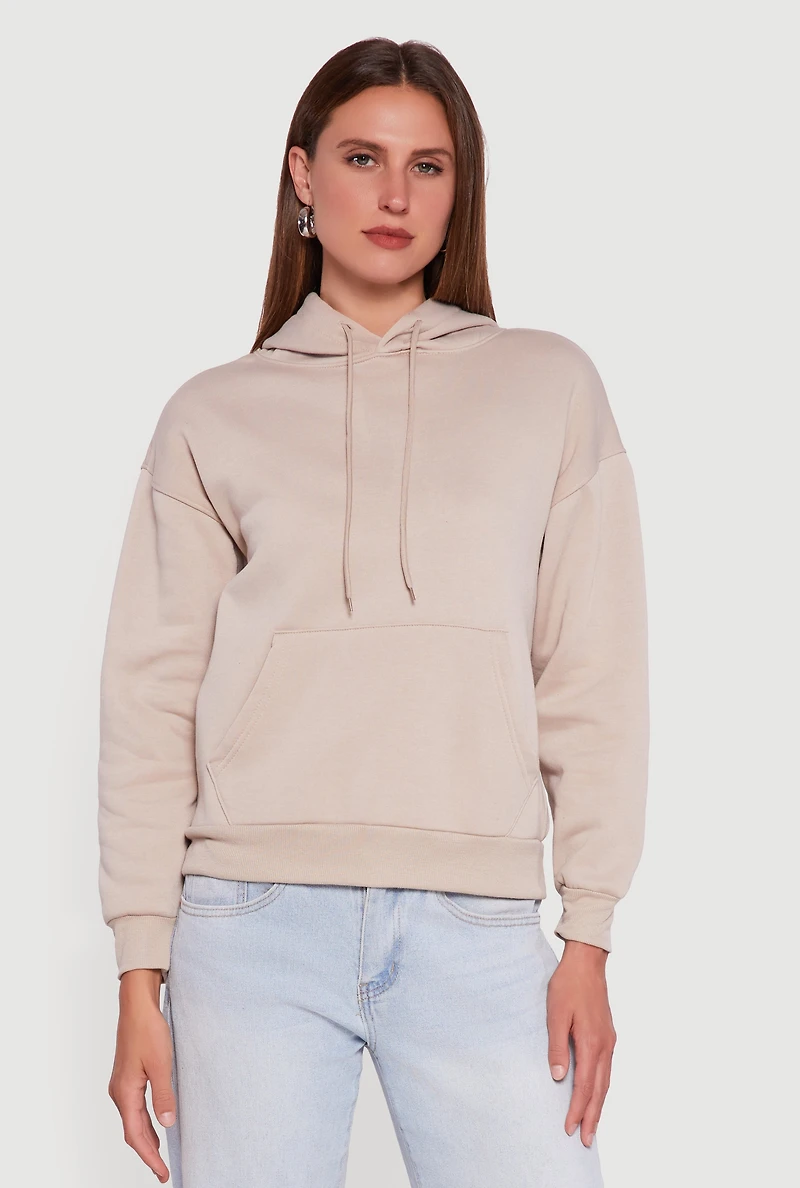Womens Boxy Kangaroo Pocket Long Sleeve Pullover Hoodie, Beige,