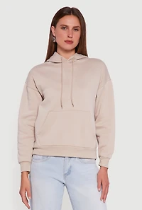 Womens Boxy Kangaroo Pocket Long Sleeve Pullover Hoodie, Beige,