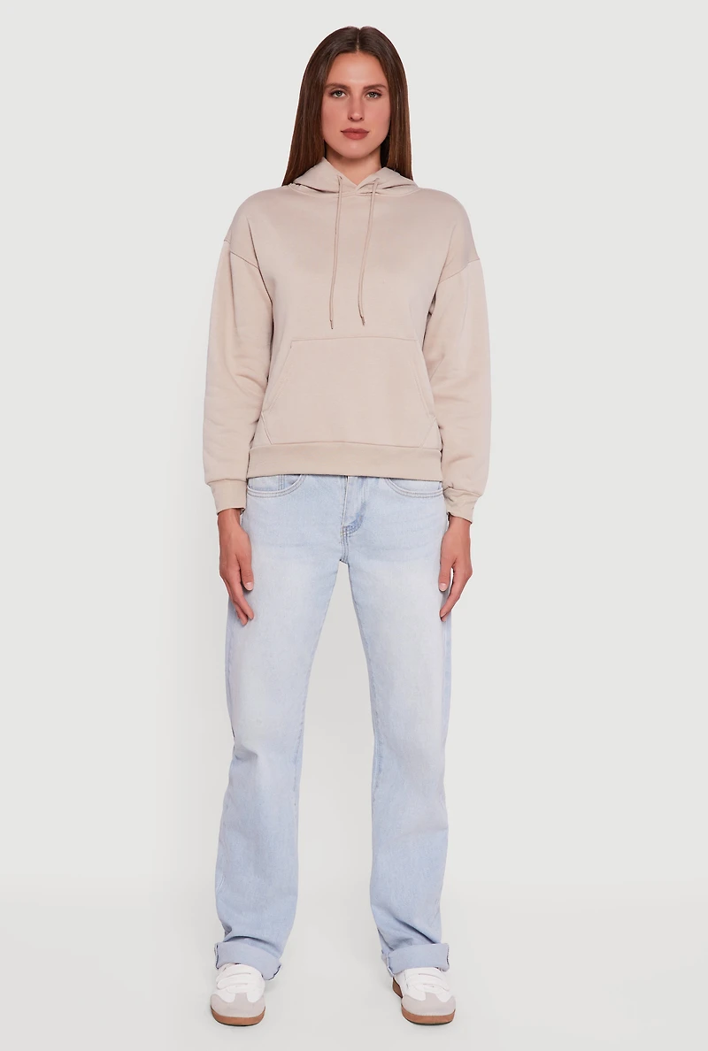 Womens Boxy Kangaroo Pocket Long Sleeve Pullover Hoodie, Beige,