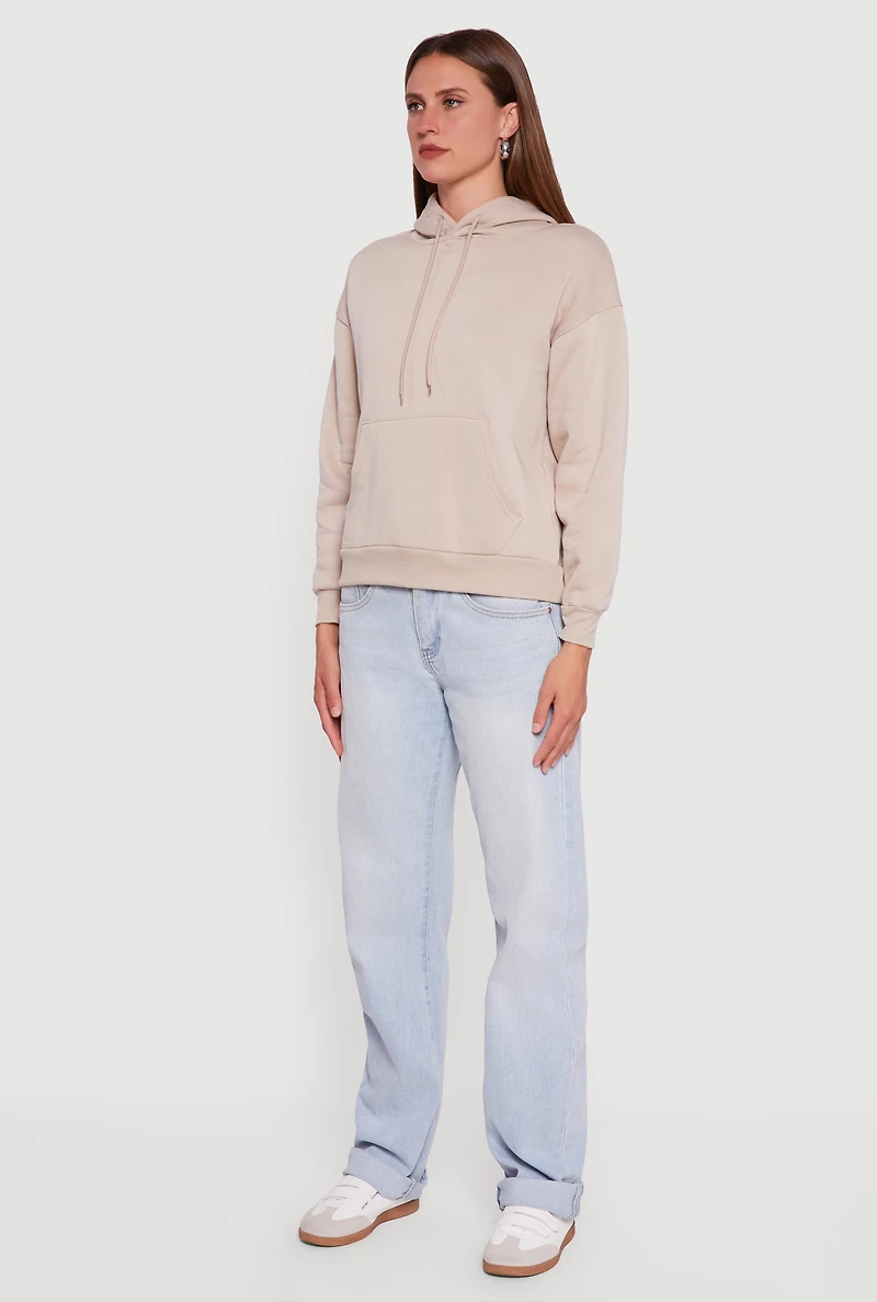 Womens Boxy Kangaroo Pocket Long Sleeve Pullover Hoodie, Beige,