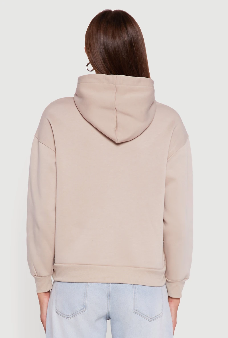 Womens Boxy Kangaroo Pocket Long Sleeve Pullover Hoodie, Beige,