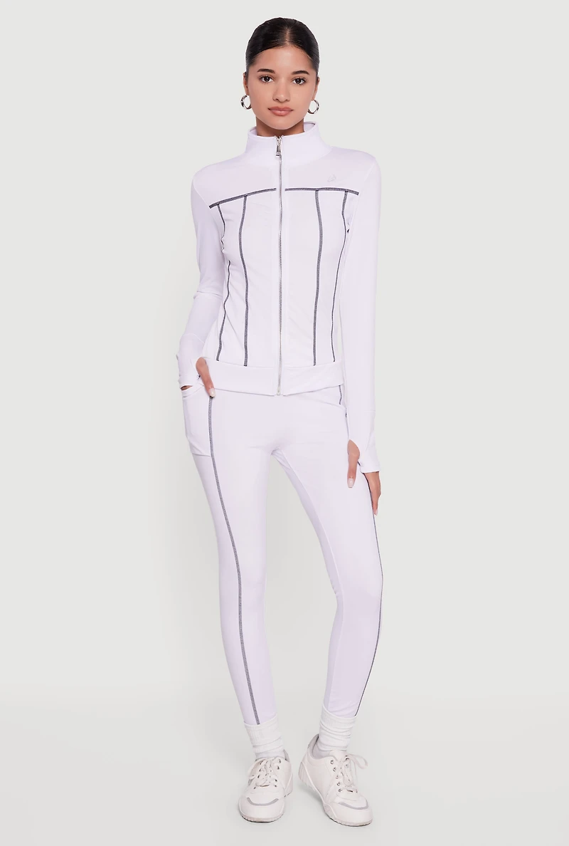 Womens High Waisted Contrast Trim Decorative Stitch Leggings, White, Size S