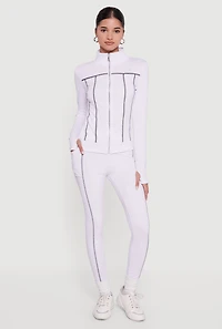 Womens High Waisted Contrast Trim Decorative Stitch Leggings, White, Size S