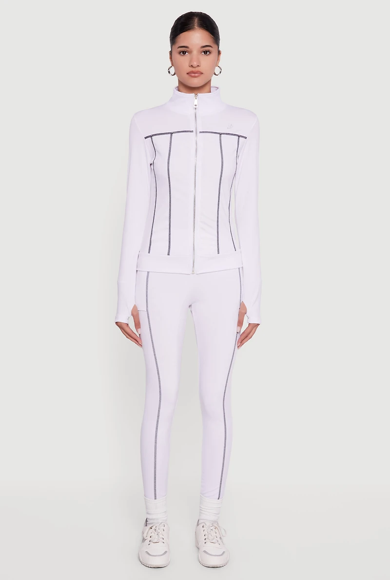 Womens High Waisted Contrast Trim Decorative Stitch Leggings, White, Size S