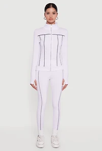 Womens High Waisted Contrast Trim Decorative Stitch Leggings, White, Size S