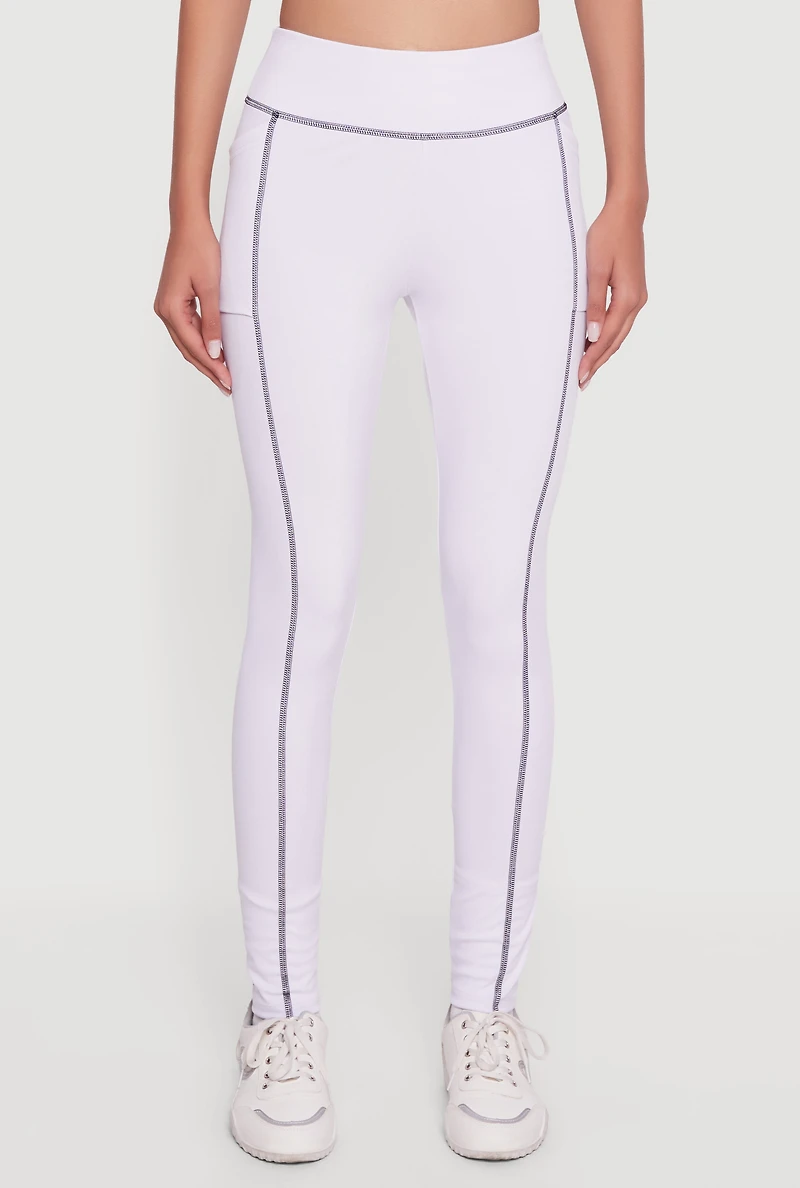 Womens High Waisted Contrast Trim Decorative Stitch Leggings, White, Size S