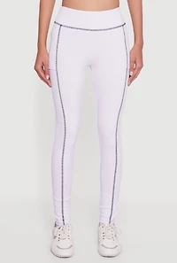 Womens High Waisted Contrast Trim Decorative Stitch Leggings, White, Size S