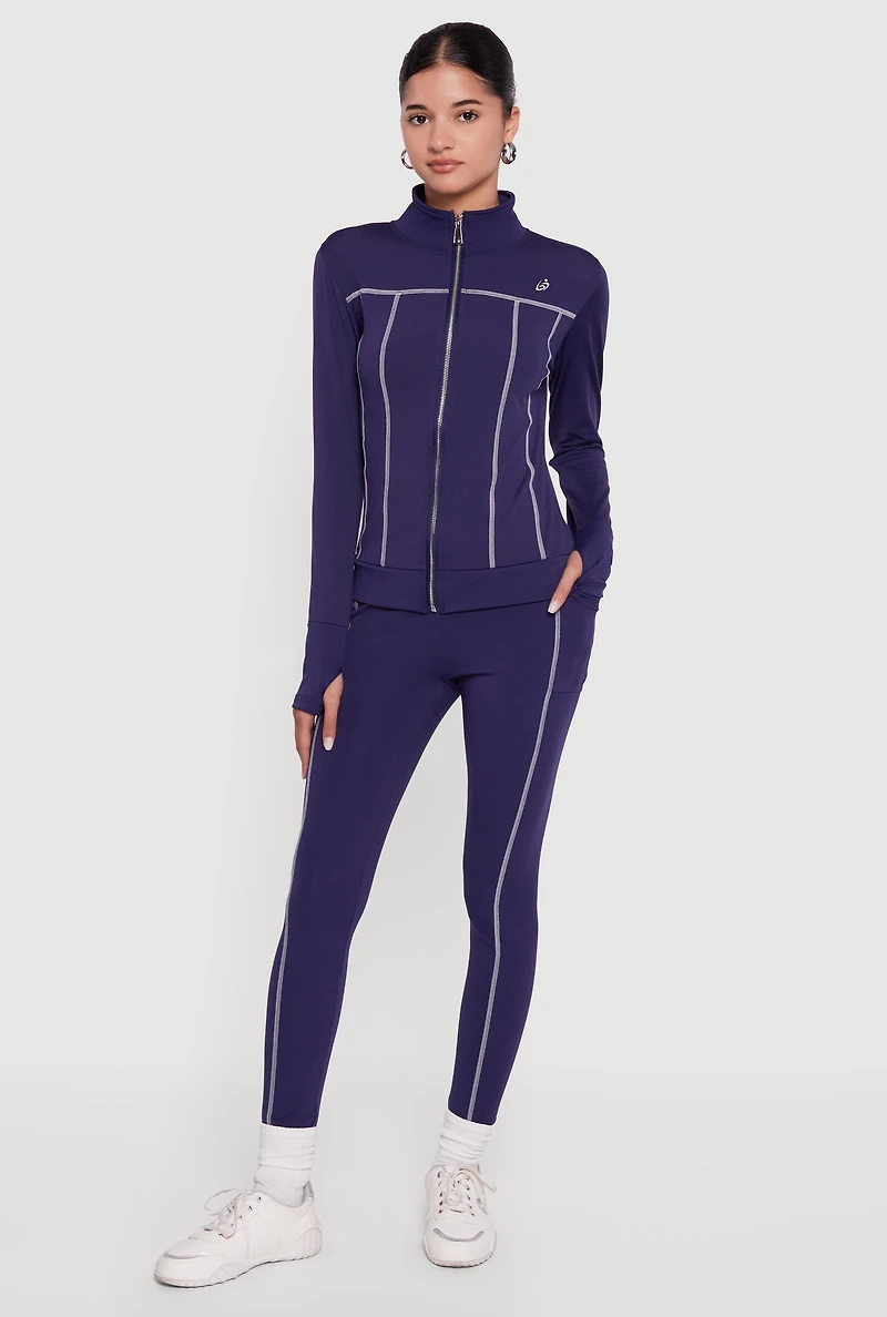 Womens High Waisted Contrast Trim Decorative Stitch Leggings, Blue,