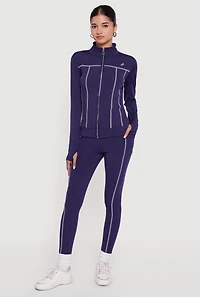 Womens High Waisted Contrast Trim Decorative Stitch Leggings, Blue,