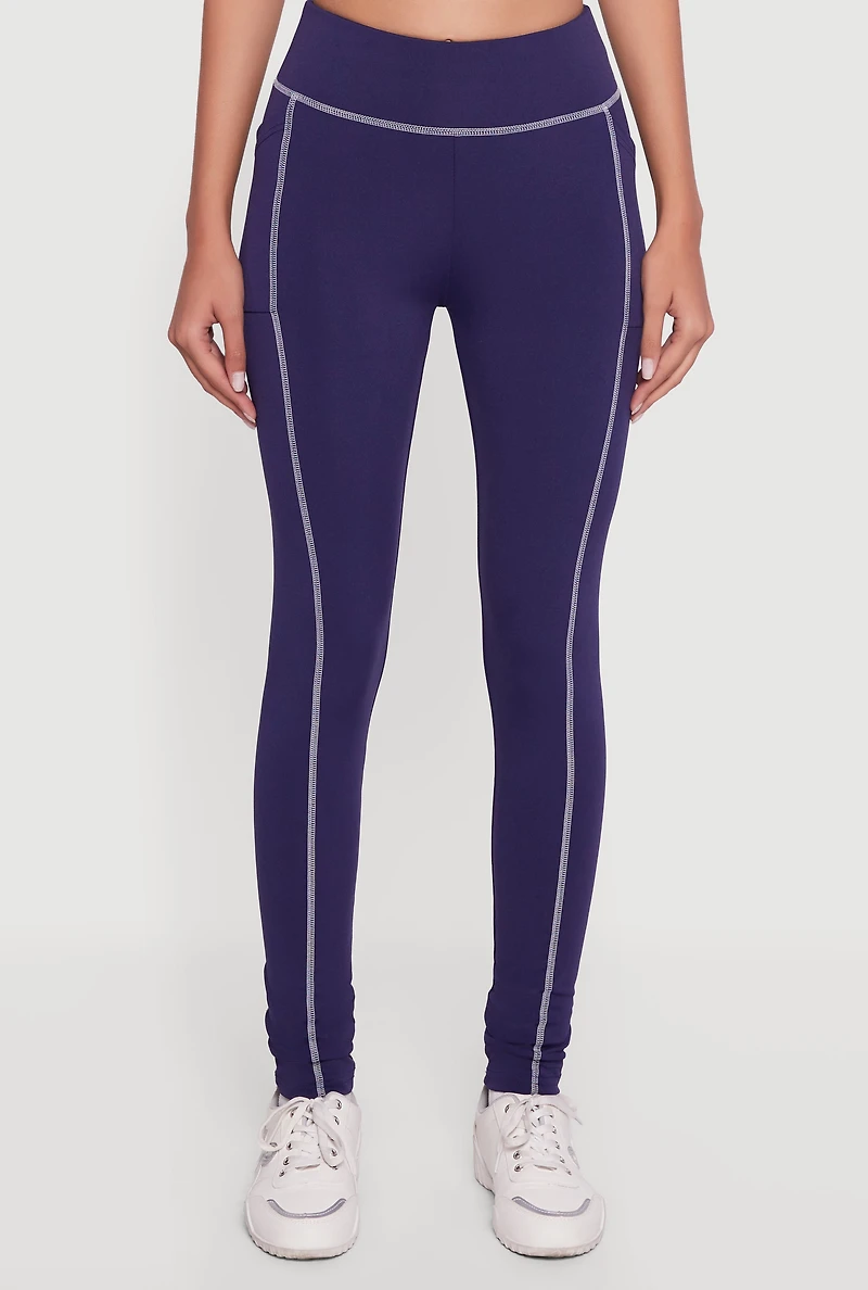 Womens High Waisted Contrast Trim Decorative Stitch Leggings, Blue, Size L