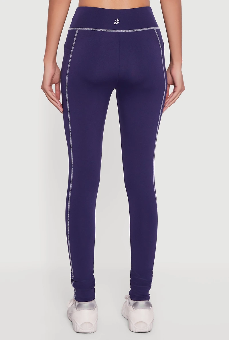 Womens High Waisted Contrast Trim Decorative Stitch Leggings, Blue,