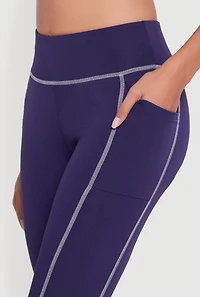 Womens High Waisted Contrast Trim Decorative Stitch Leggings, Blue, Size L