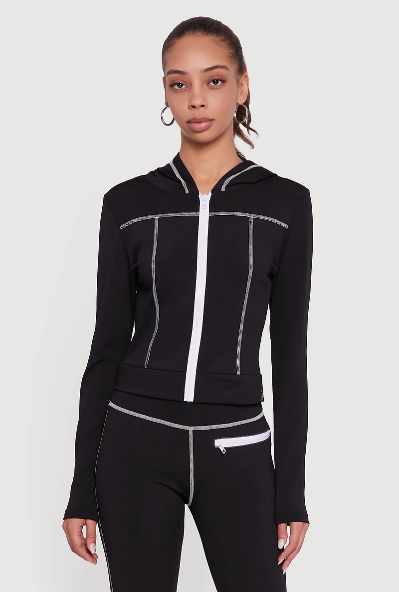 Womens Zip Front Hooded Track Jacket with Decorative Stitching,