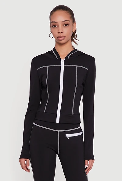 Womens Zip Front Hooded Track Jacket with Decorative Stitching,