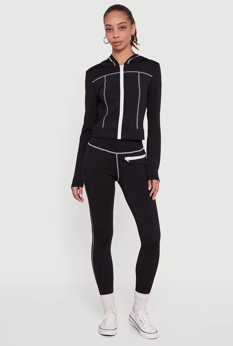 Womens Zip Front Hooded Track Jacket with Decorative Stitching,