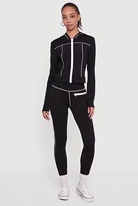 Womens Zip Front Hooded Track Jacket with Decorative Stitching,