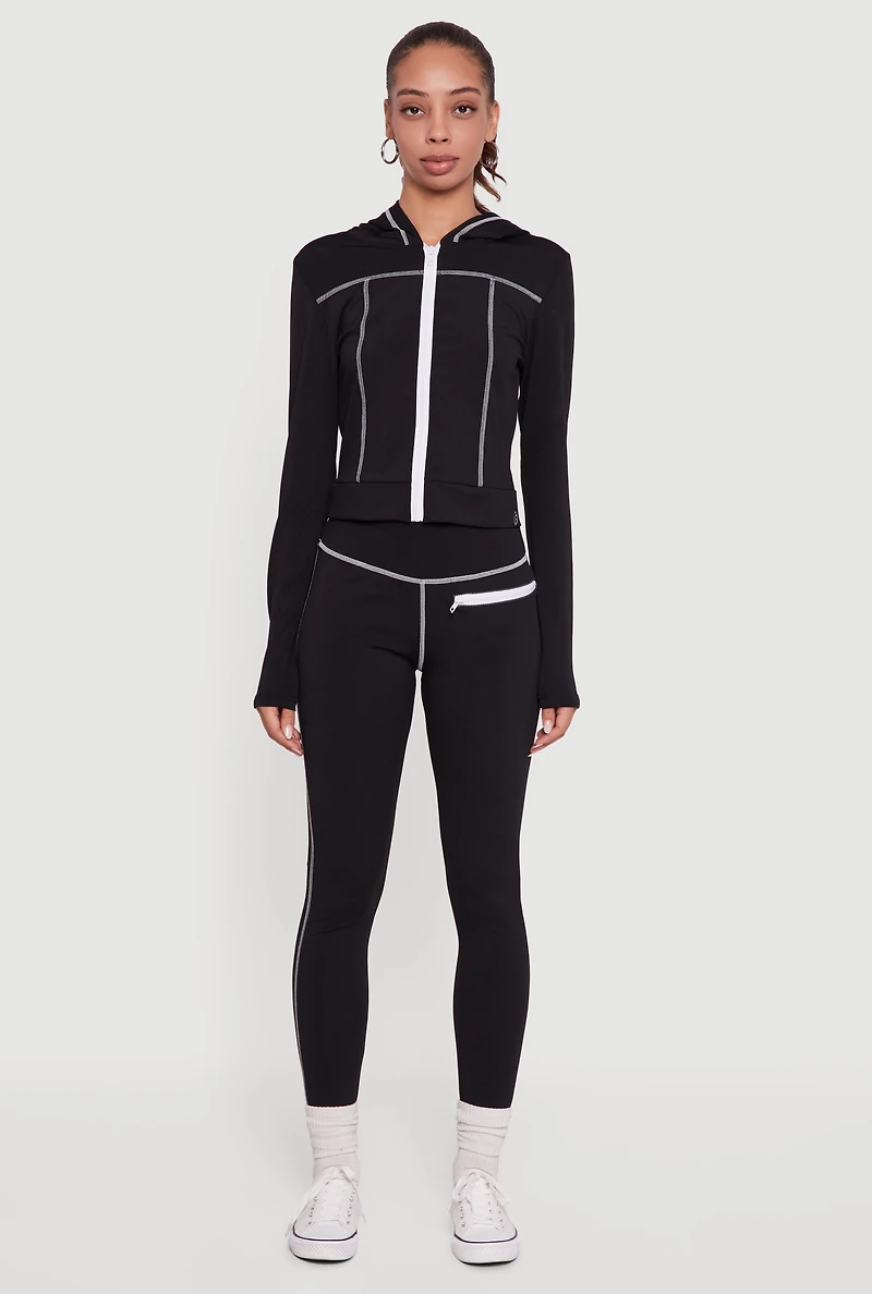 Womens Zip Front Hooded Track Jacket with Decorative Stitching,