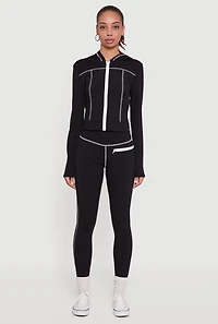 Womens Zip Front Hooded Track Jacket with Decorative Stitching,