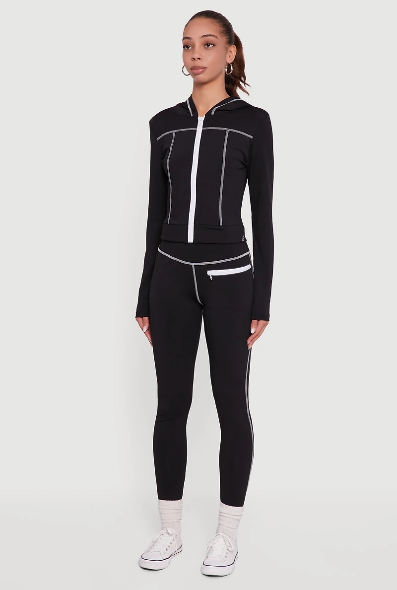 Womens Zip Front Hooded Track Jacket with Decorative Stitching,