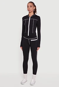 Womens Zip Front Hooded Track Jacket with Decorative Stitching,