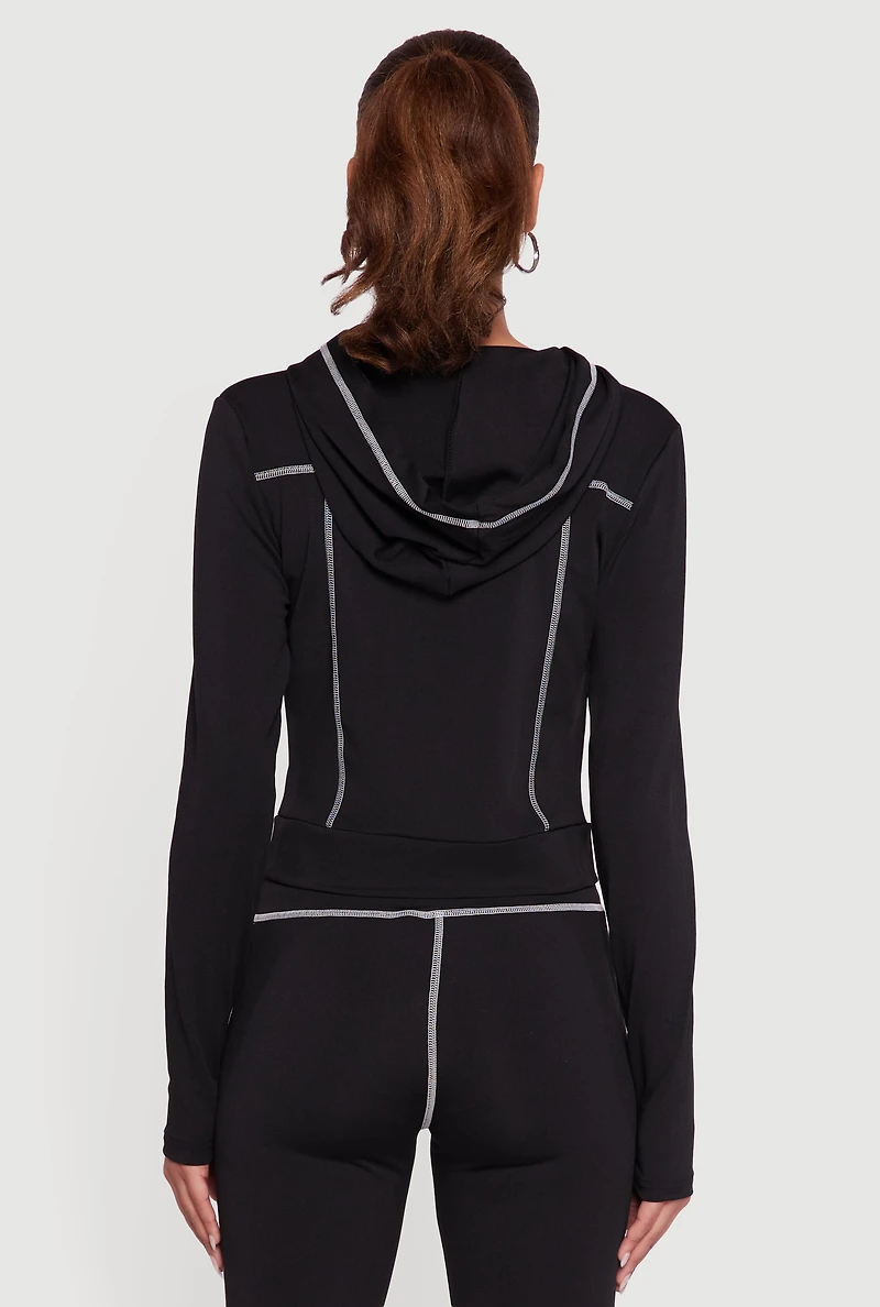 Womens Zip Front Hooded Track Jacket with Decorative Stitching,