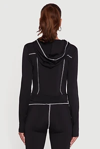 Womens Zip Front Hooded Track Jacket with Decorative Stitching,