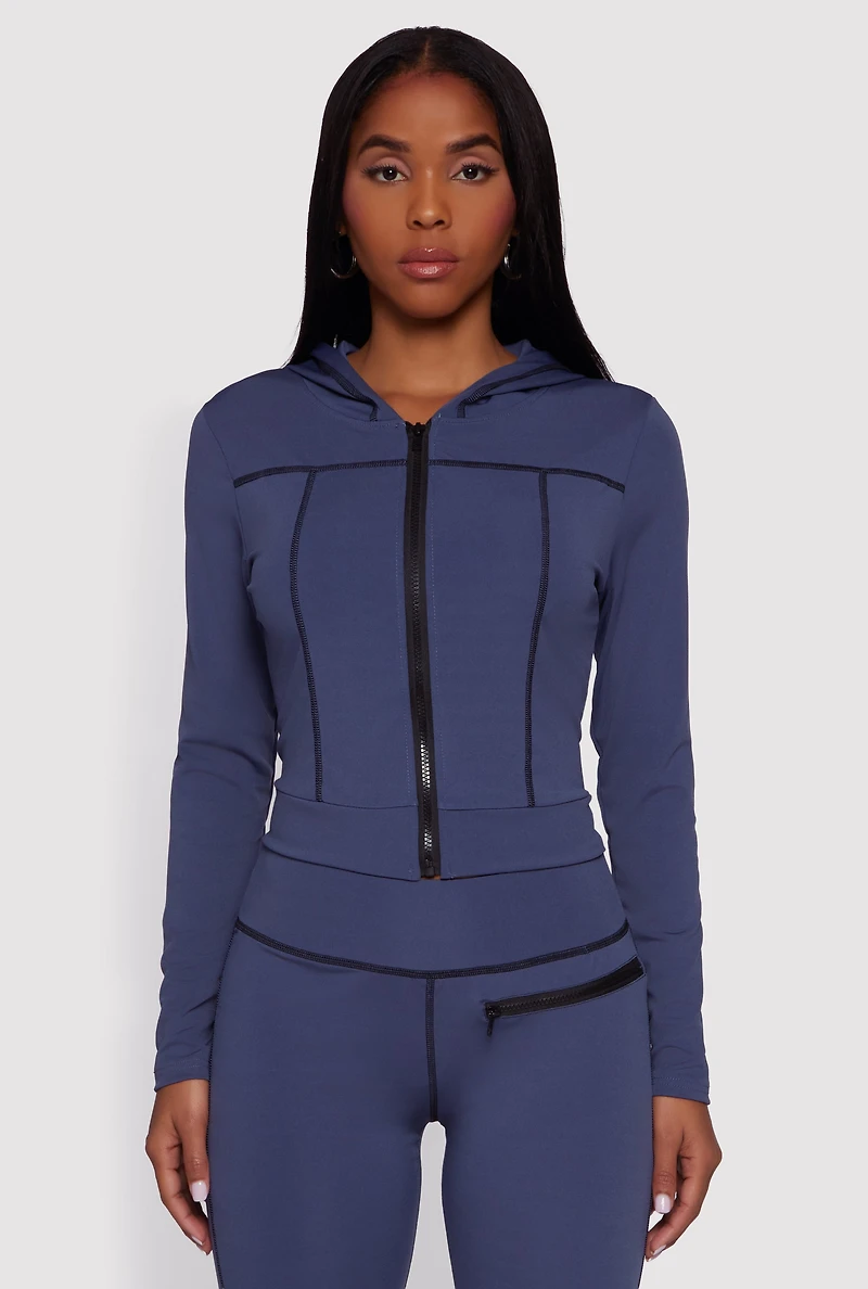 Zip Front Hooded Track Jacket with Decorative Stitching