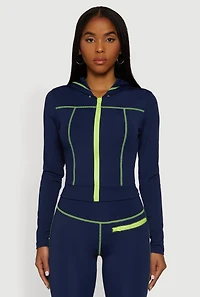 Zip Front Hooded Track Jacket with Decorative Stitching