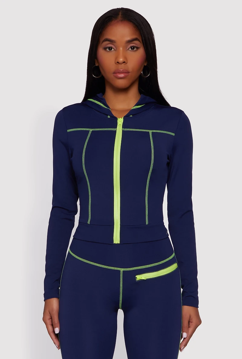 Zip Front Hooded Track Jacket with Decorative Stitching