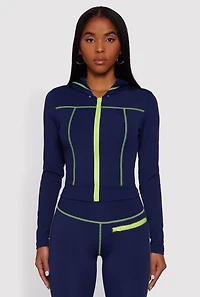 Zip Front Hooded Track Jacket with Decorative Stitching