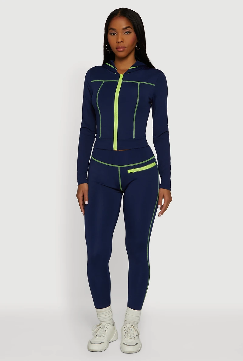 Zip Front Hooded Track Jacket with Decorative Stitching