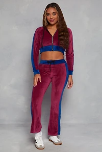 Womens Velour Side Stripe Zip Front Cropped Hoodie, Burgundy, Size M