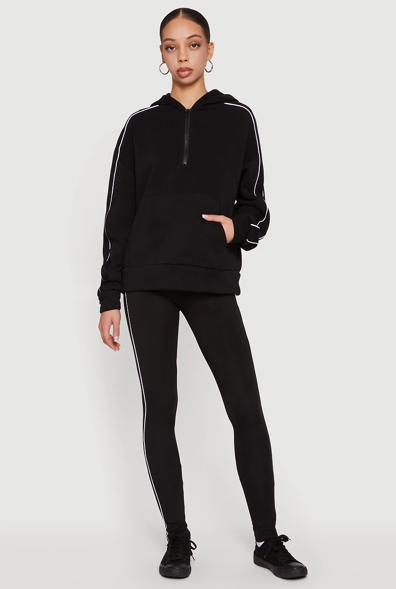 Fleece Quarter Zip Hoodie with Contrast Piping