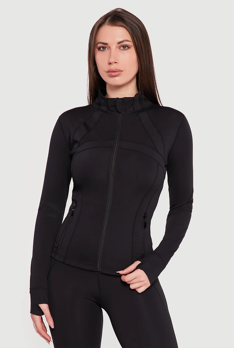 Long Sleeve Mock Neck Zip Front Jacket with Thumb Holes