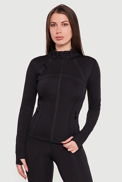 Long Sleeve Mock Neck Zip Front Jacket with Thumb Holes